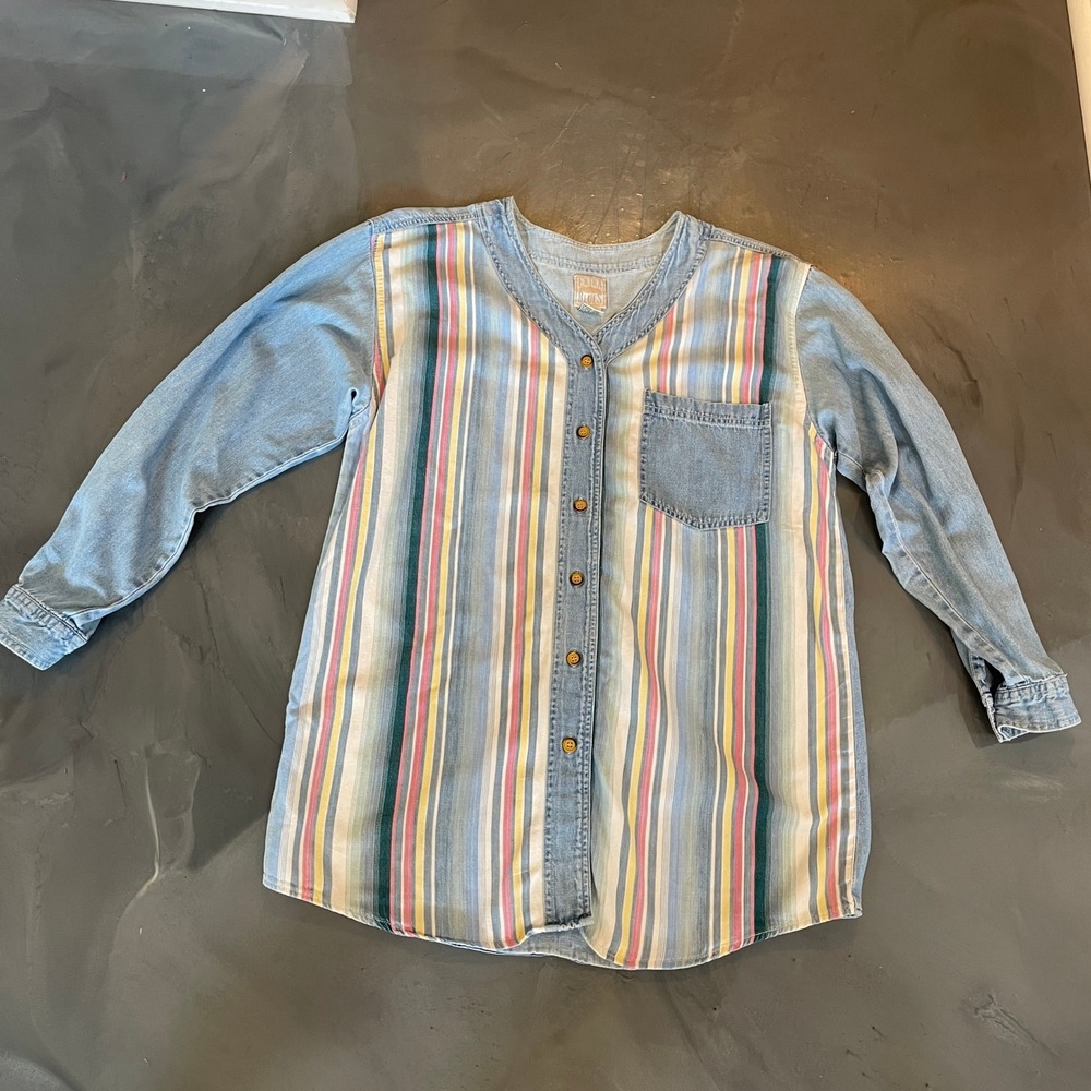 VTG Erika Blues Retro Striped Denim Button Down Top Womens Small Y2K Cottagecore